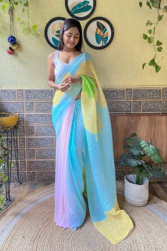 Blue georgette with crush pattern saree with satin blouse pcs