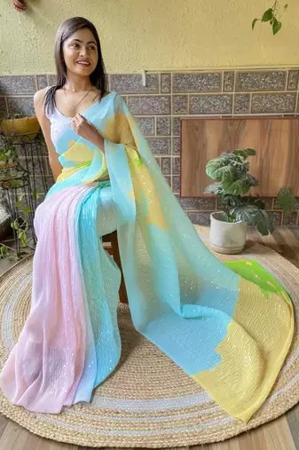 Blue georgette with crush pattern saree with satin blouse pcs