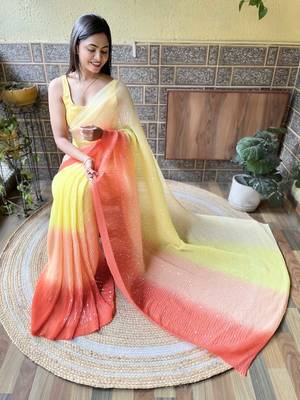 Yellow georgette with crush pattern saree with satin blouse pcs 3
