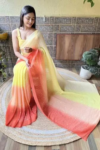 Yellow georgette with crush pattern saree with satin blouse pcs
