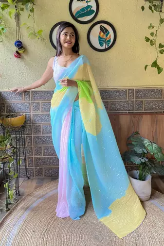 Blue georgette with crush pattern saree with satin blouse pcs