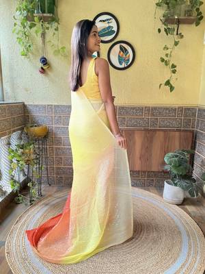 Yellow georgette with crush pattern saree with satin blouse pcs 4