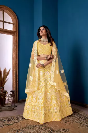 Yellow Net Lehenga Choli With Embroidered Work