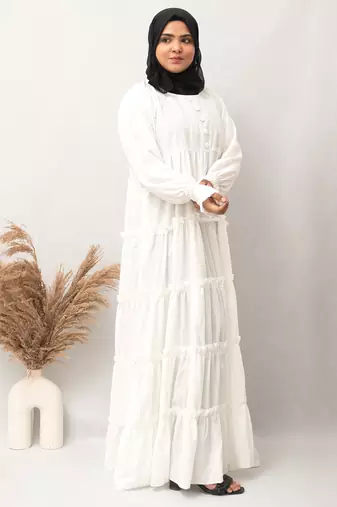 Multi Chunat Frock Abaya in White Color With Hijab