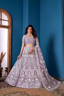 lavender Net Lehenga Choli With Embroidered Work 1