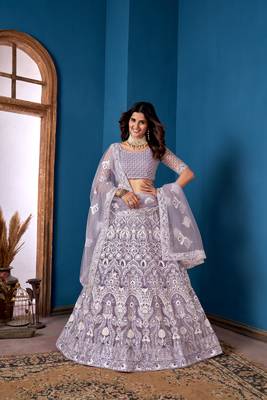 lavender Net Lehenga Choli With Embroidered Work 4