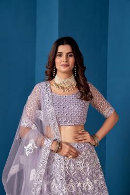 lavender Net Lehenga Choli With Embroidered Work 5