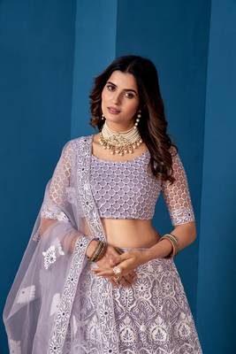 lavender Net Lehenga Choli With Embroidered Work 6