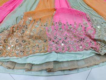 Coral Pista-Green And Orange Multicolored Zari And Sequins Embroidered Georgette Lehenga Choli 5