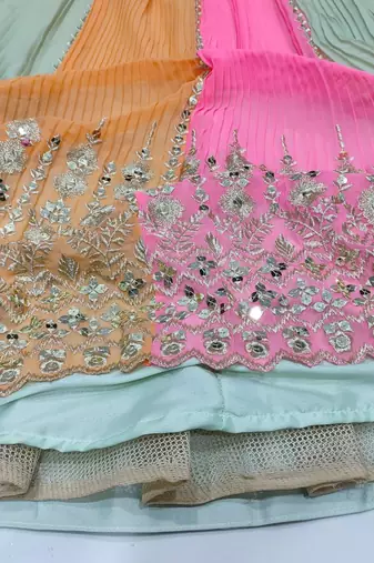 Coral Pista-Green And Orange Multicolored Zari And Sequins Embroidered Georgette Lehenga Choli