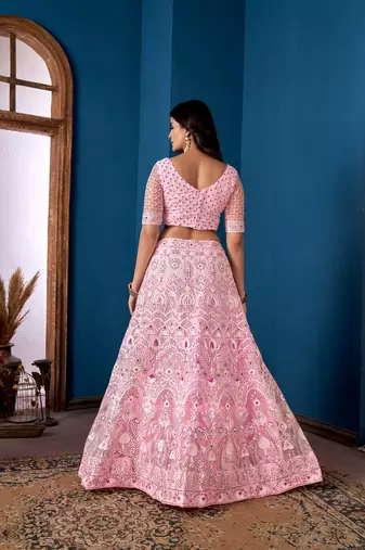 Pink Net Lehenga Choli With Embroidered Work