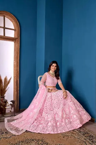 Pink Net Lehenga Choli With Embroidered Work