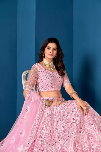 Pink Net Lehenga Choli With Embroidered Work