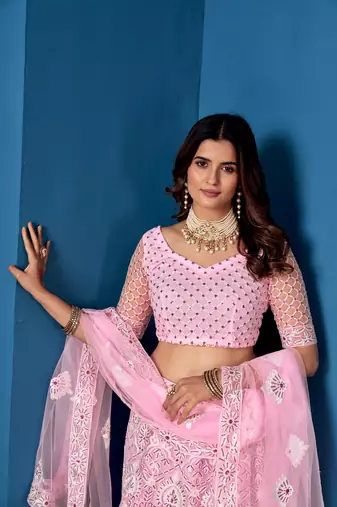 Pink Net Lehenga Choli With Embroidered Work