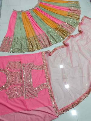 Coral Pista-Green And Orange Multicolored Zari And Sequins Embroidered Georgette Lehenga Choli 6