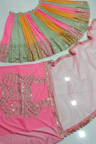 Coral Pista-Green And Orange Multicolored Zari And Sequins Embroidered Georgette Lehenga Choli