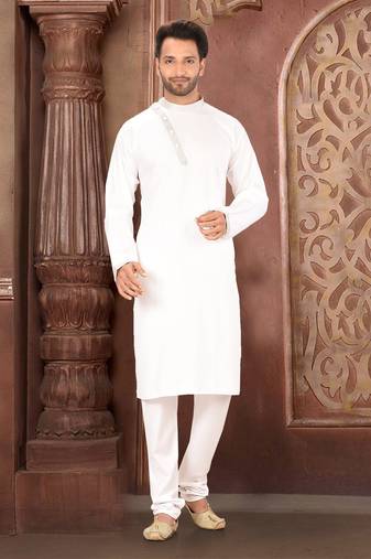 Ranak White Cotton Satin Kurta Pajama