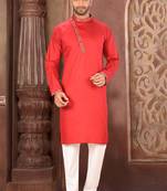 Ranak Red Cotton Satin Kurta Pajama