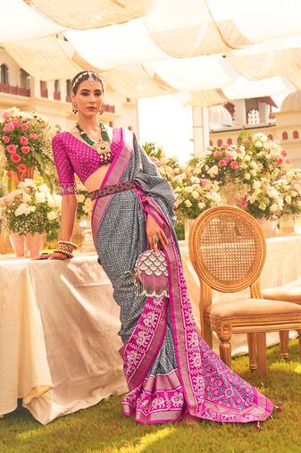Dark grey color printed weaving silk blend patola saree with blouse