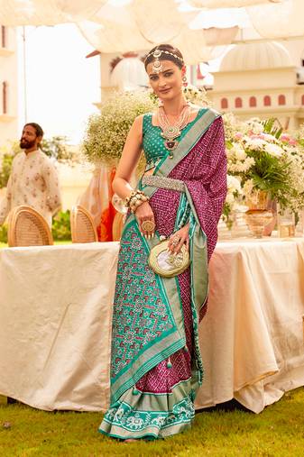 Wine color printed weaving silk blend patola saree with blouse
