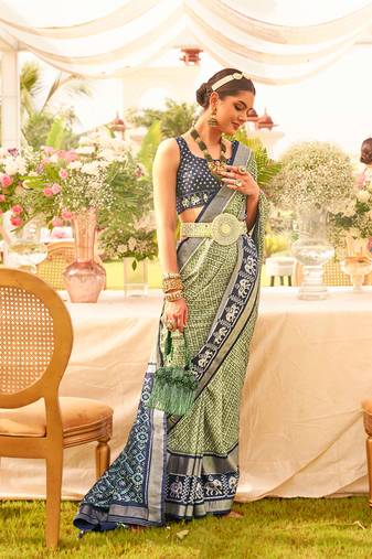 Olive color printed weaving silk blend patola saree with blouse