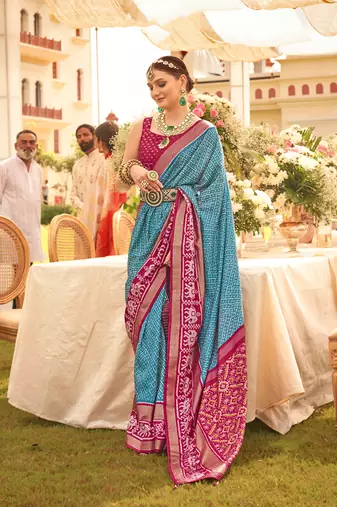 Blue Color Printed Weaving Silk Blend Patola Saree With Blouse