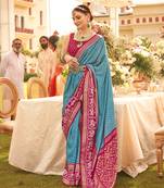 Blue Color Printed Weaving Silk Blend Patola Saree With Blouse
