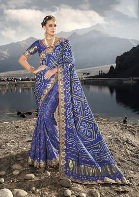 Blue color gajji satin silk blend bandhani saree with blouse 1