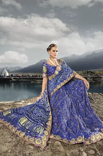 Blue color gajji satin silk blend bandhani saree with blouse