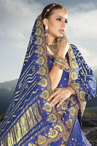 Blue color gajji satin silk blend bandhani saree with blouse