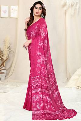 Pink Chiffon Floral/Paisley Print Saree With Unstitched Blouse Piece 3