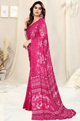 Pink Chiffon Floral/Paisley Print Saree With Unstitched Blouse Piece
