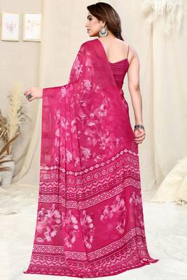 Pink Chiffon Floral/Paisley Print Saree With Unstitched Blouse Piece 4