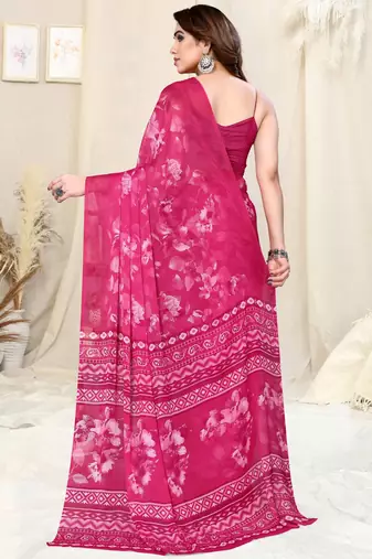 Pink Chiffon Floral/Paisley Print Saree With Unstitched Blouse Piece