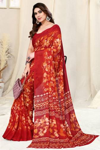Red Chiffon Floral/Paisley Print Saree With Unstitched Blouse Piece