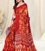 Red Chiffon Floral/Paisley Print Saree With Unstitched Blouse Piece