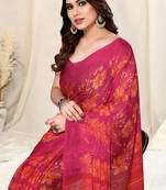 Dark Pink Chiffon Floral/Paisley Print Saree With Unstitched Blouse Piece