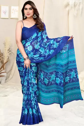 Blue Chiffon Floral/Paisley Print Saree With Unstitched Blouse Piece