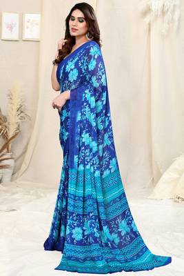 Blue Chiffon Floral/Paisley Print Saree With Unstitched Blouse Piece 3