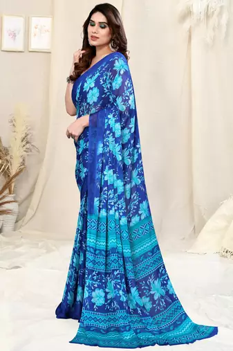 Blue Chiffon Floral/Paisley Print Saree With Unstitched Blouse Piece