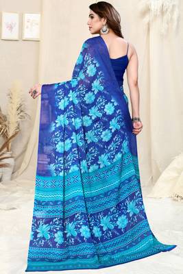 Blue Chiffon Floral/Paisley Print Saree With Unstitched Blouse Piece 4