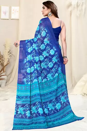 Blue Chiffon Floral/Paisley Print Saree With Unstitched Blouse Piece
