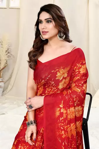 Red Chiffon Floral/Paisley Print Saree With Unstitched Blouse Piece