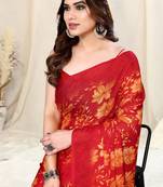 Red Chiffon Floral/Paisley Print Saree With Unstitched Blouse Piece