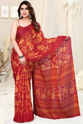 Red Chiffon Floral/Paisley Print Saree With Unstitched Blouse Piece 2