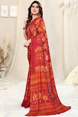 Red Chiffon Floral/Paisley Print Saree With Unstitched Blouse Piece 3