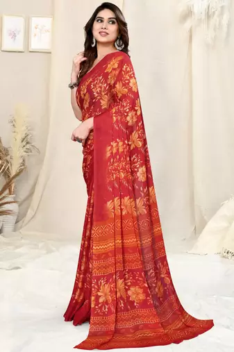 Red Chiffon Floral/Paisley Print Saree With Unstitched Blouse Piece