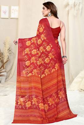 Red Chiffon Floral/Paisley Print Saree With Unstitched Blouse Piece 4