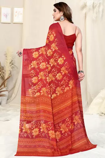 Red Chiffon Floral/Paisley Print Saree With Unstitched Blouse Piece