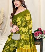 Mehandi Green Chiffon Floral/Paisley Print Saree With Unstitched Blouse Piece